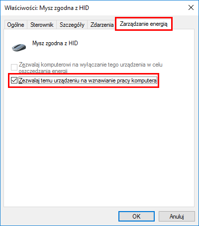 Włącz opcję wznawiania pracy komputera za pomocą myszy lub klawiatury