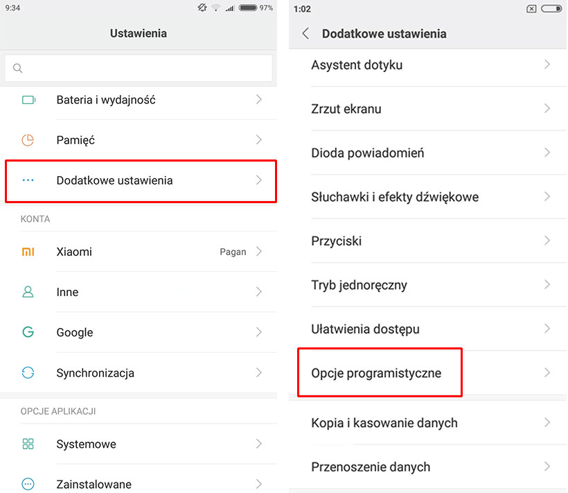 Przejdź do ustawień programistycznych w MIUI