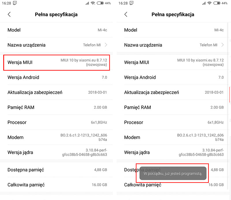 Włącz opcje programistyczne, dotykając siedem razy przycisku Wersja MIUI