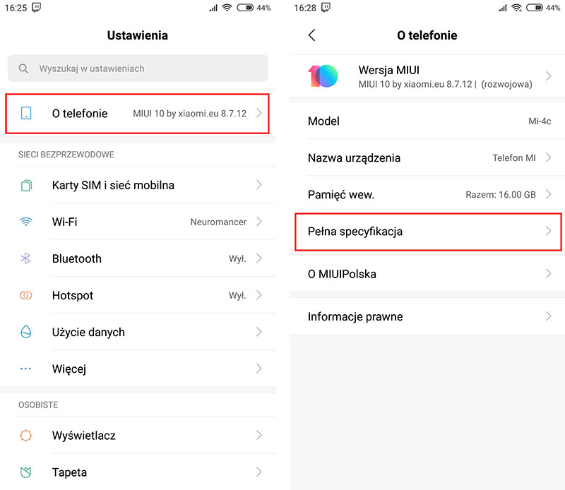Wejdź do opcji specyfikacji telefonu