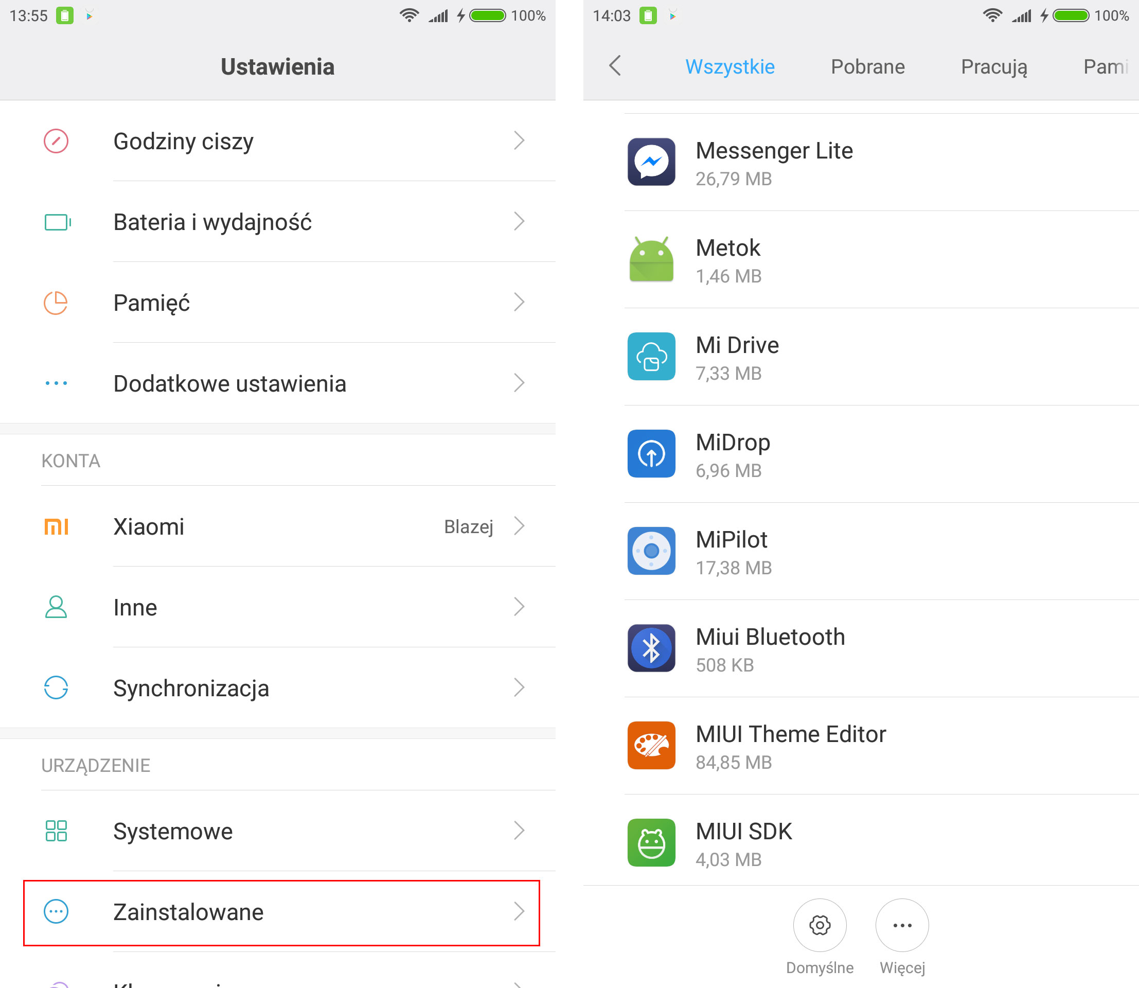 Lista aplikacji zainstalowanych w Xiaomi