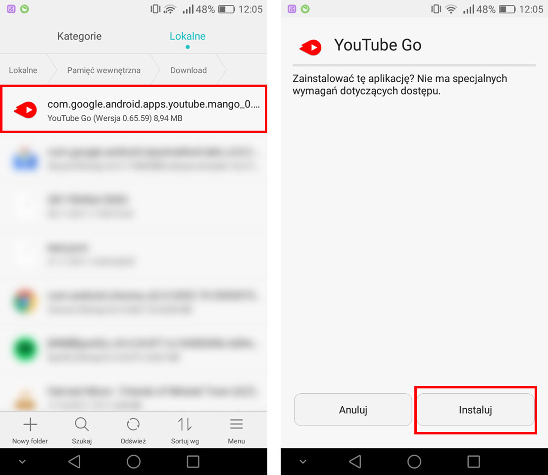 Uruchom plik APK i zainstaluj YouTube Go