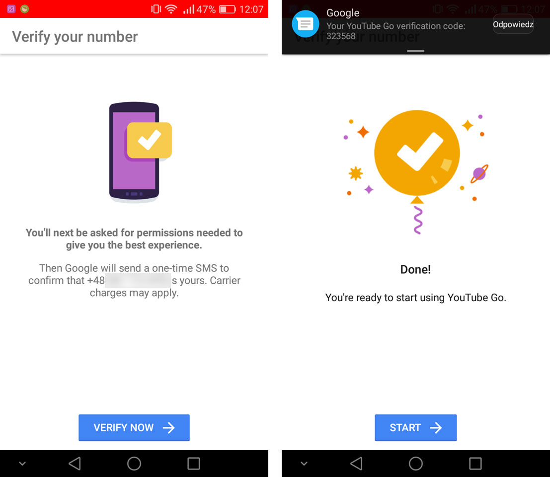 Zweryfikuj swój numer telefonu w YouTube Go