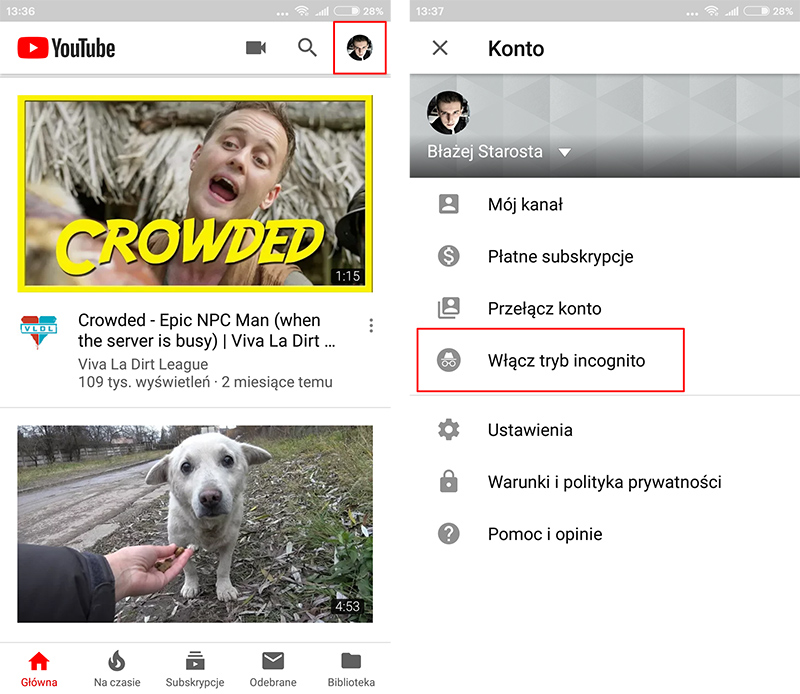 Włącz tryb incognito - YouTube