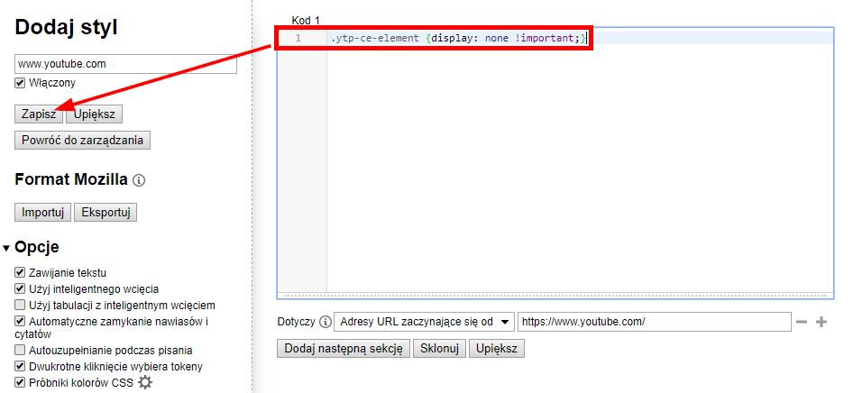 Wpisz kod CSS i zapisz styl dla YouTube w Stylus