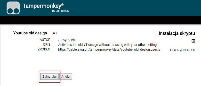 Zainstaluj skrypt YouTube Old Design