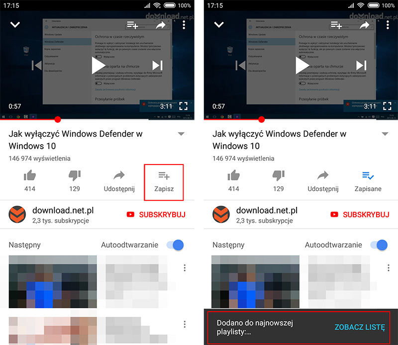 YouTube - dodawanie filmu do ostatniej playlisty