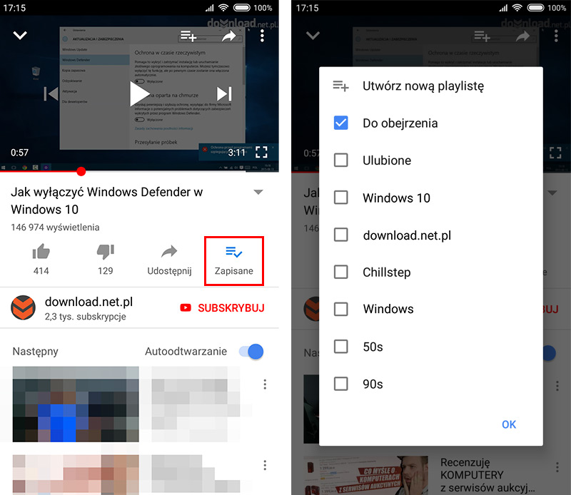 YouTube - wybór playlisty po ponownym dotknięciu przycisku "Zapisz"
