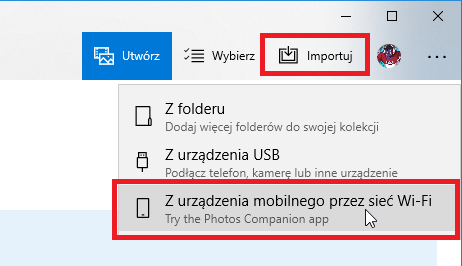 Wybierz opcję importu z urządzenia mobilnego