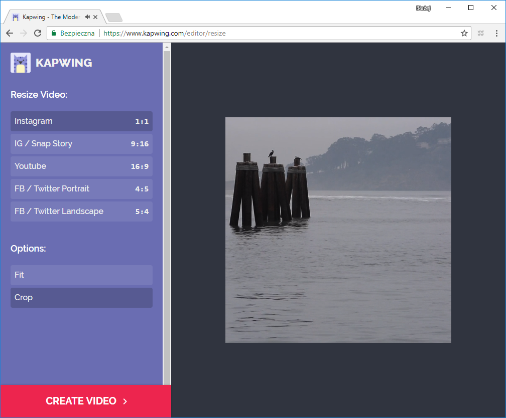 Opcja "Crop" w Kapwing Video Editor