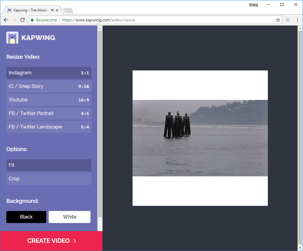 Opcja "Fit" w Kapwing Video Editor