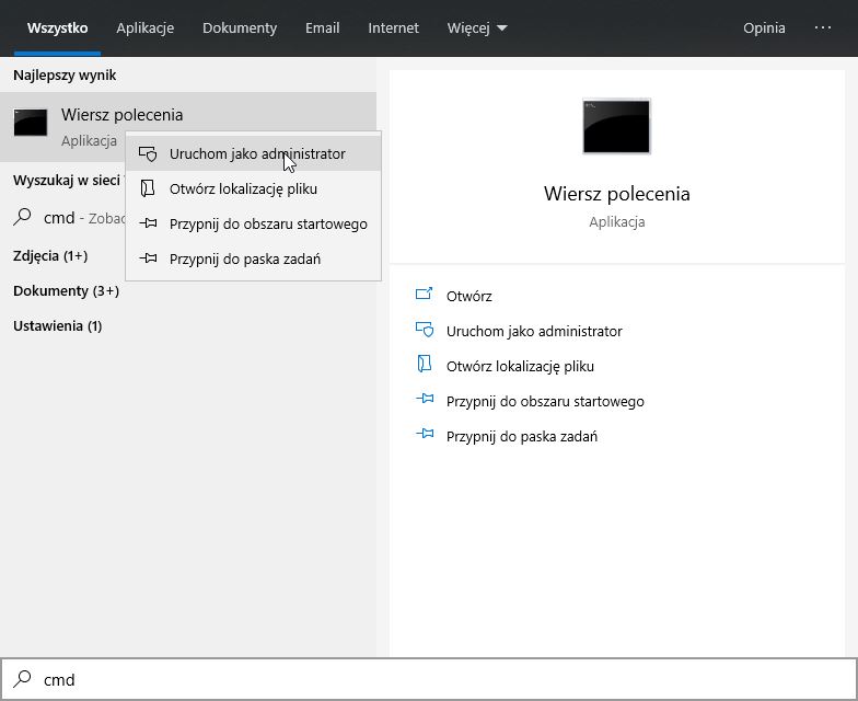 Uruchom Wiersz polecenia jako Administrator