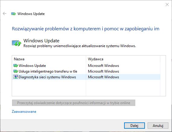 Sprawdź system za pomocą narzędzia do rozwiązywania problemów z aktualizacjami