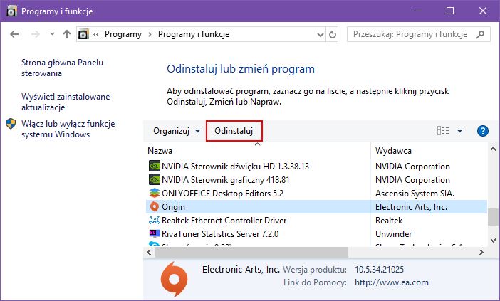 Odinstaluj Origin