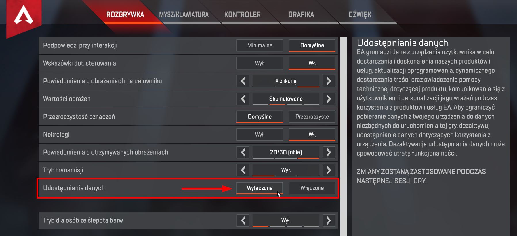 Wyłącz udostępnianie danych w Apex Legends