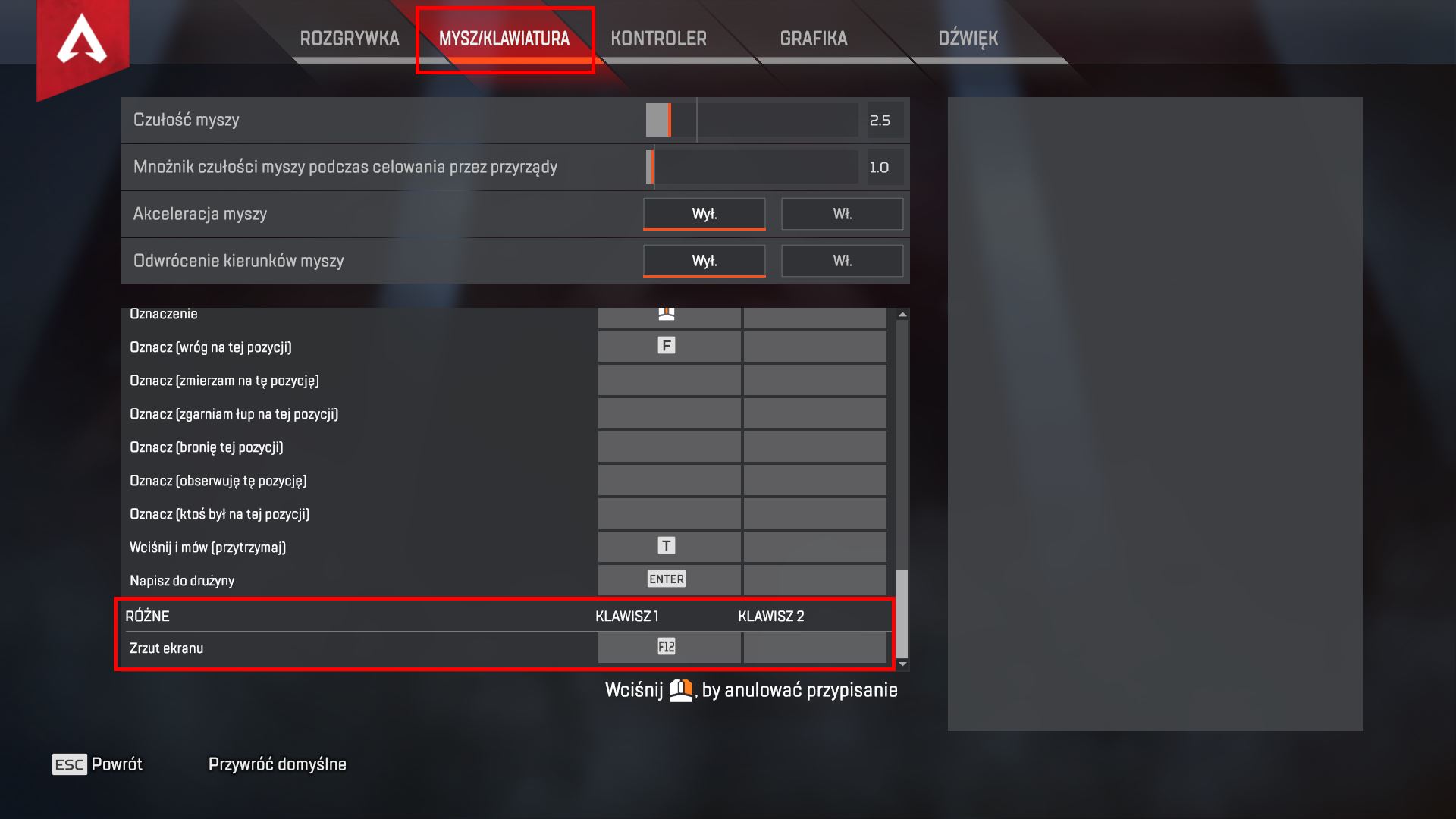 Zmień klawisz przypisany do funkcji zrzutu ekranu w Apex Legends
