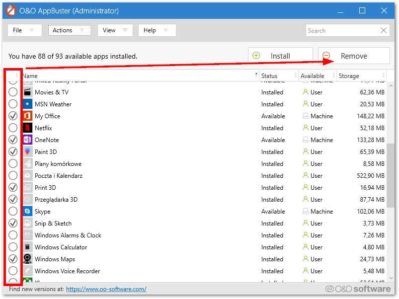 Usuwanie aplikacji przez O&O AppBuster