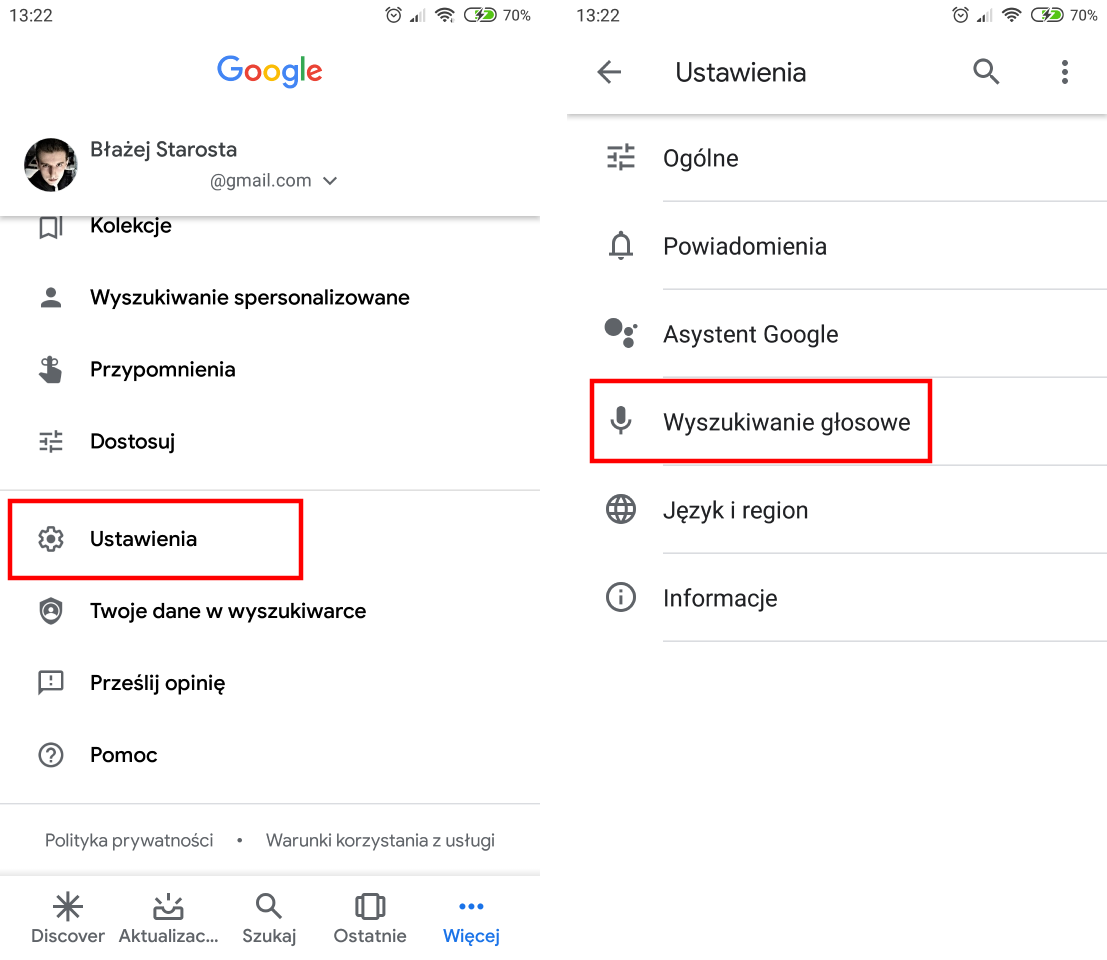Wejdź do ustawień wyszukiwania głosowego w Google