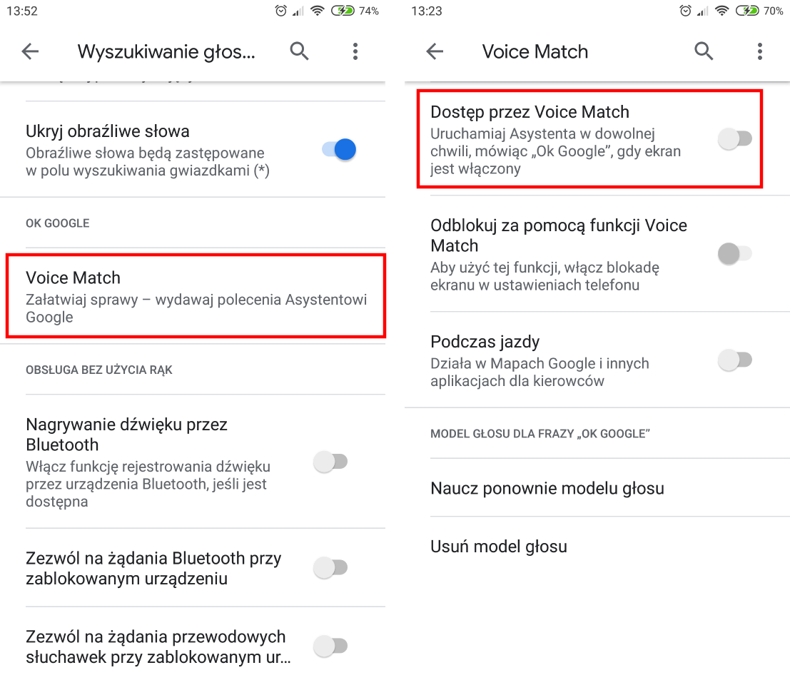 Wyłącz dostęp przez Voiche Match