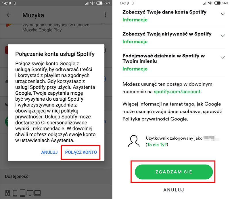 Wyraź zgodę na połączenie kont Spotify i Google