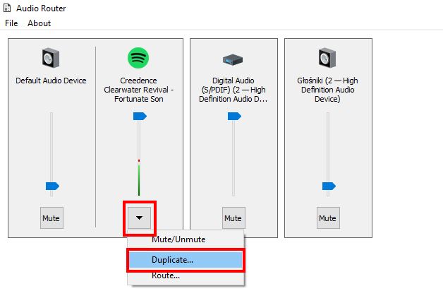 Wybierz opcję Duplicate w Audio Router