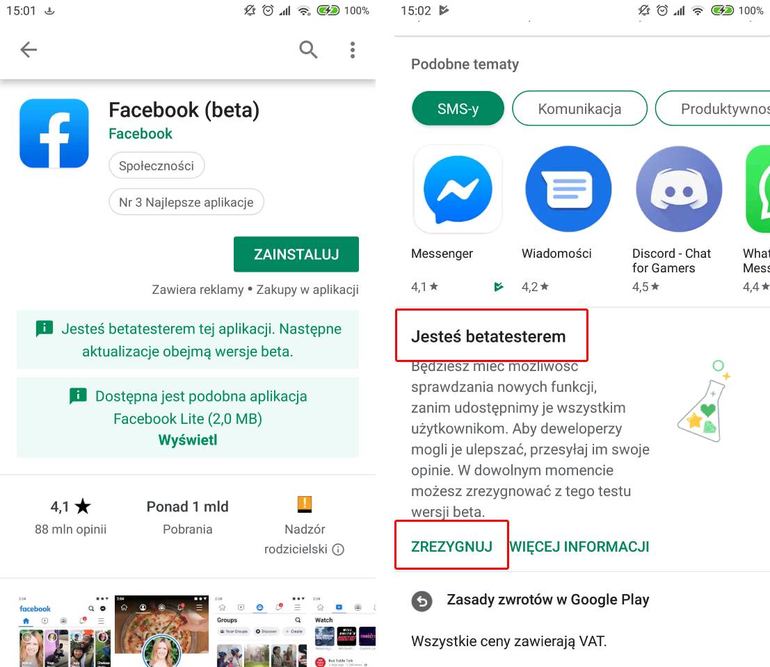 Wypisz się z testów beta aplikacji