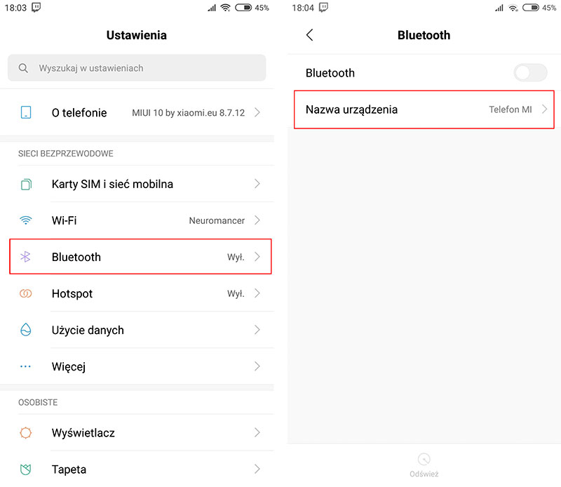 Zmiana nazwy urządzenia w ustawieniach Bluetooth