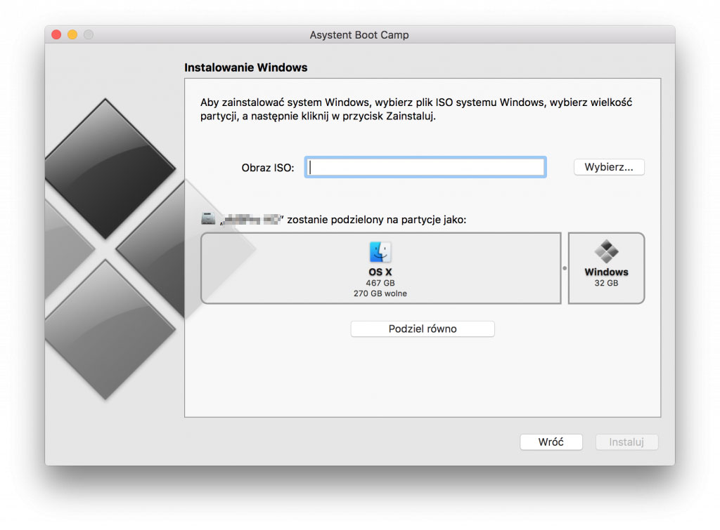 Wybierz obraz ISO i podziel dysk w Boot Camp