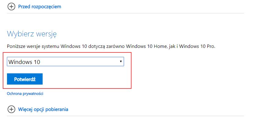 Wybierz wersję Windows 10