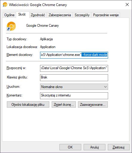 Dopisz --force-dark-mode w skrócie do Chrome Canary