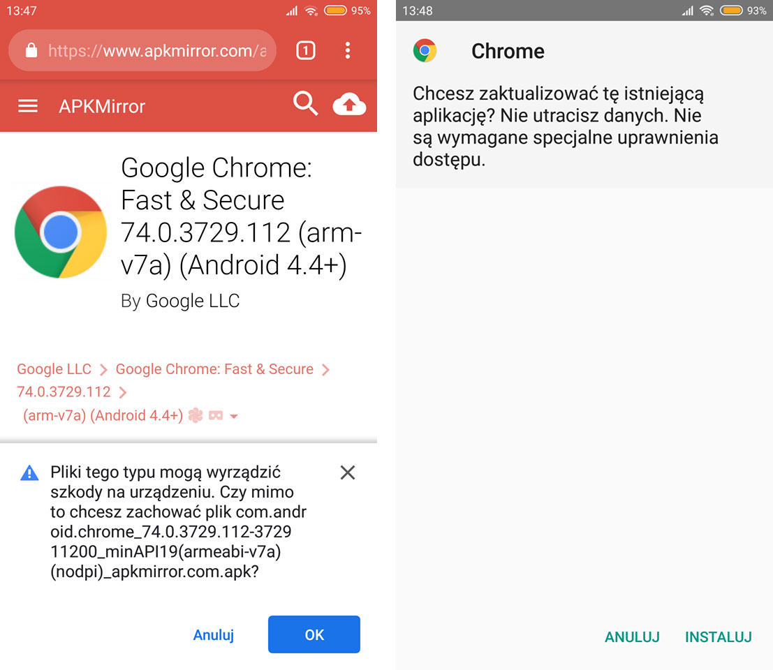 Zainstaluj Chrome 74 z pliku APK