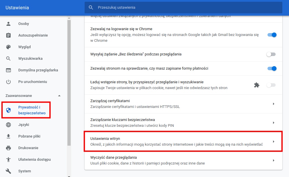 Wejdź do ustawień witryn w Chrome