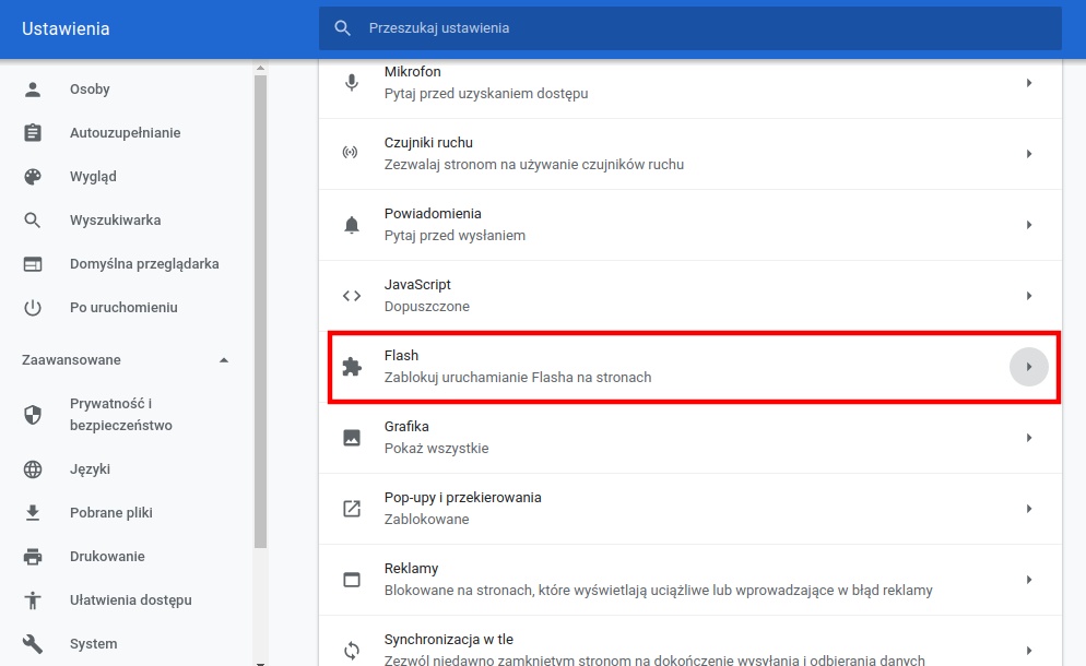 Wejdź do ustawień Flasha w Chrome
