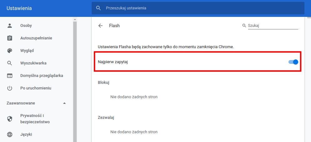 Wyłącz blokadę Flash w Chrome