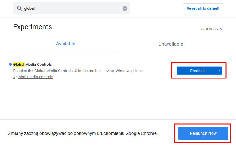 Włącz Global Media Controls i uruchom ponownie Chrome