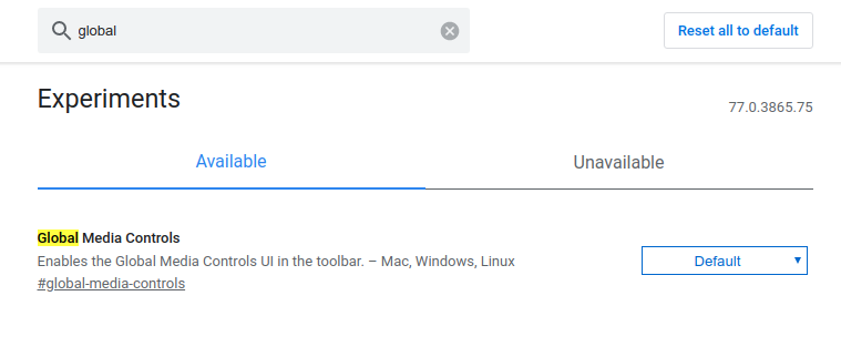 Wyszukaj Global Media Controls w chrome://flags