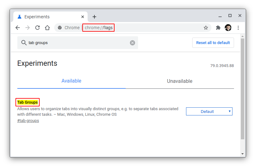 Wyszukaj opcji Tab Groups w Chrome