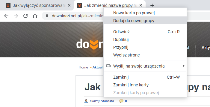 Stwórz grupę na podstawie wybranej karty w Chrome