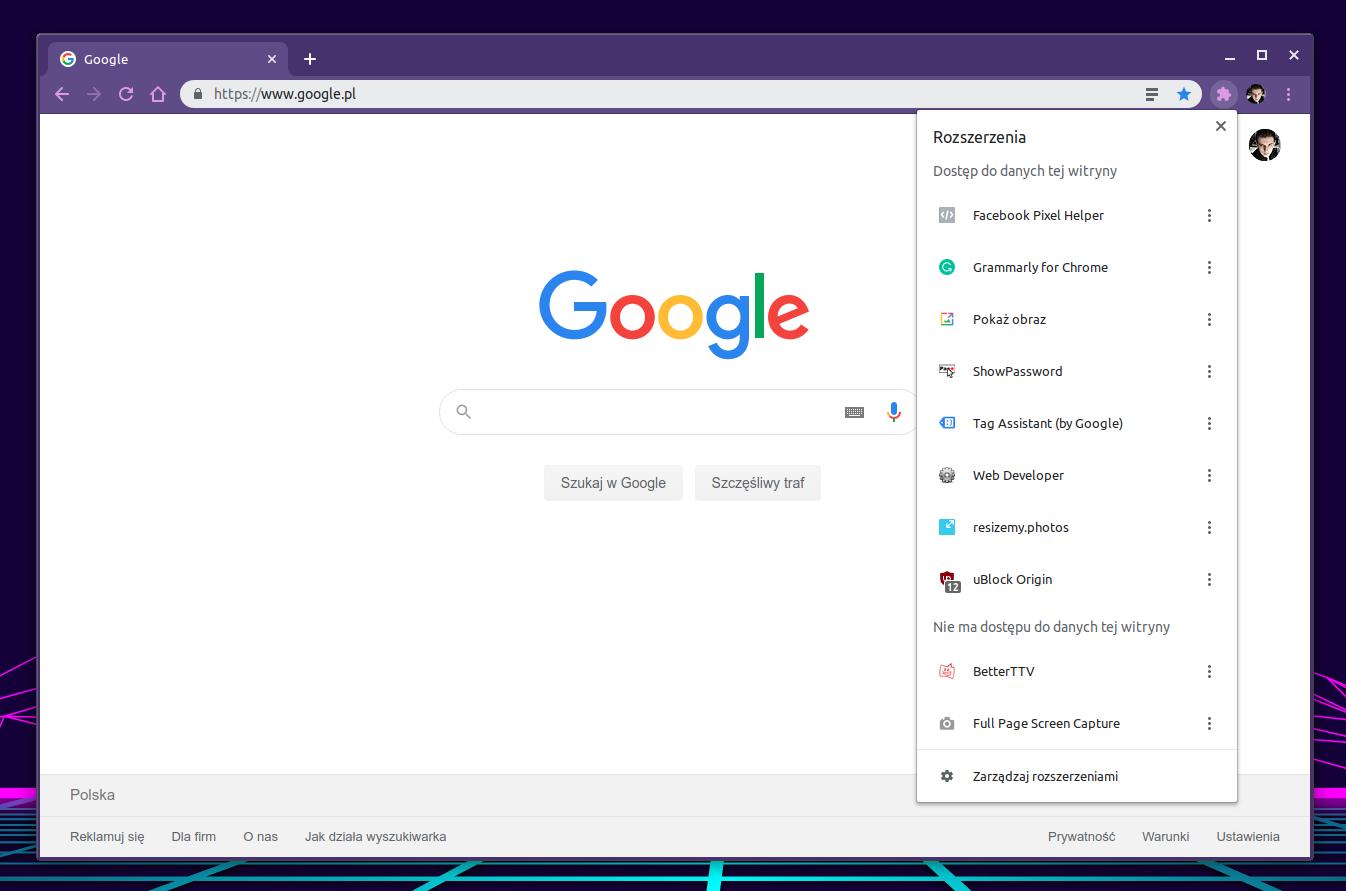 Lista wszystkich rozszerzeń w Chrome w formie jednego menu