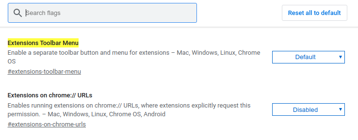 Wyszukaj opcji Extensions Toolbar Menu