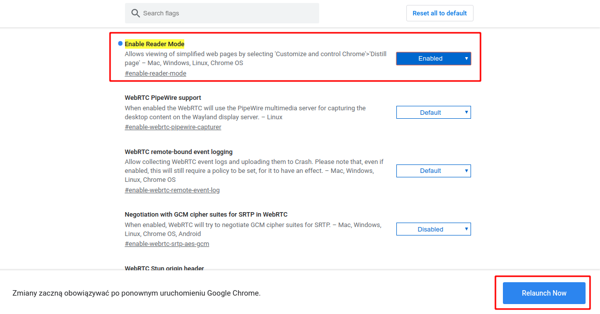 Włącz tryb czytania w chrome://flags