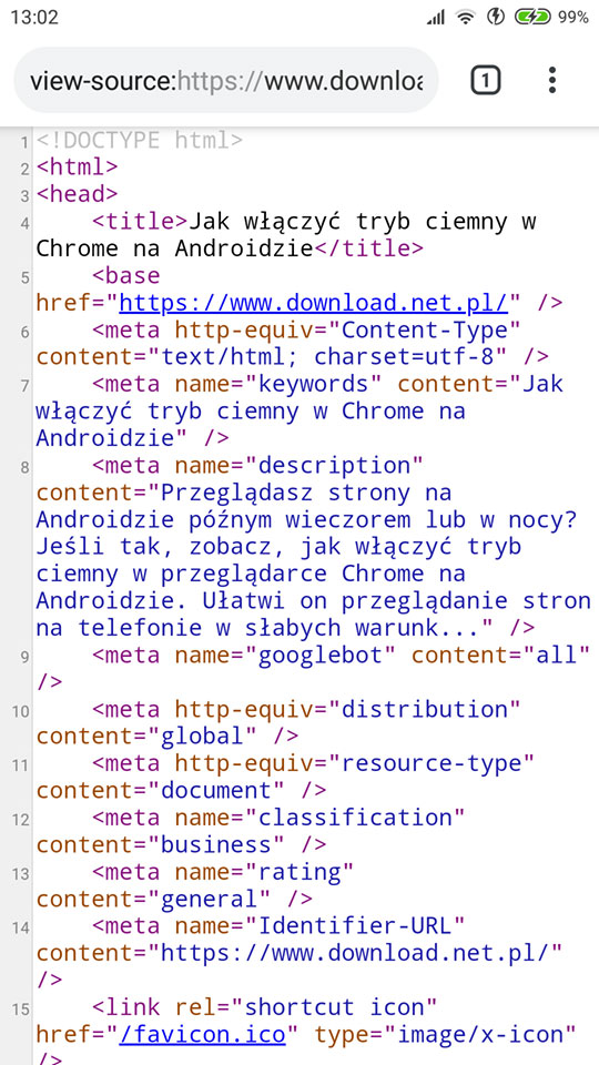 Chrome - źródło strony na Androidzie