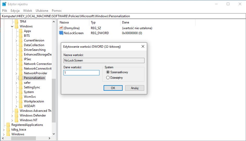 Ustaw wartość 1 dla wpisu NoLockScreen