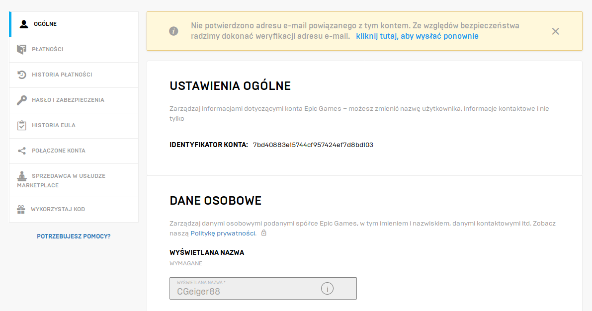Ustawienia konta Epic Games