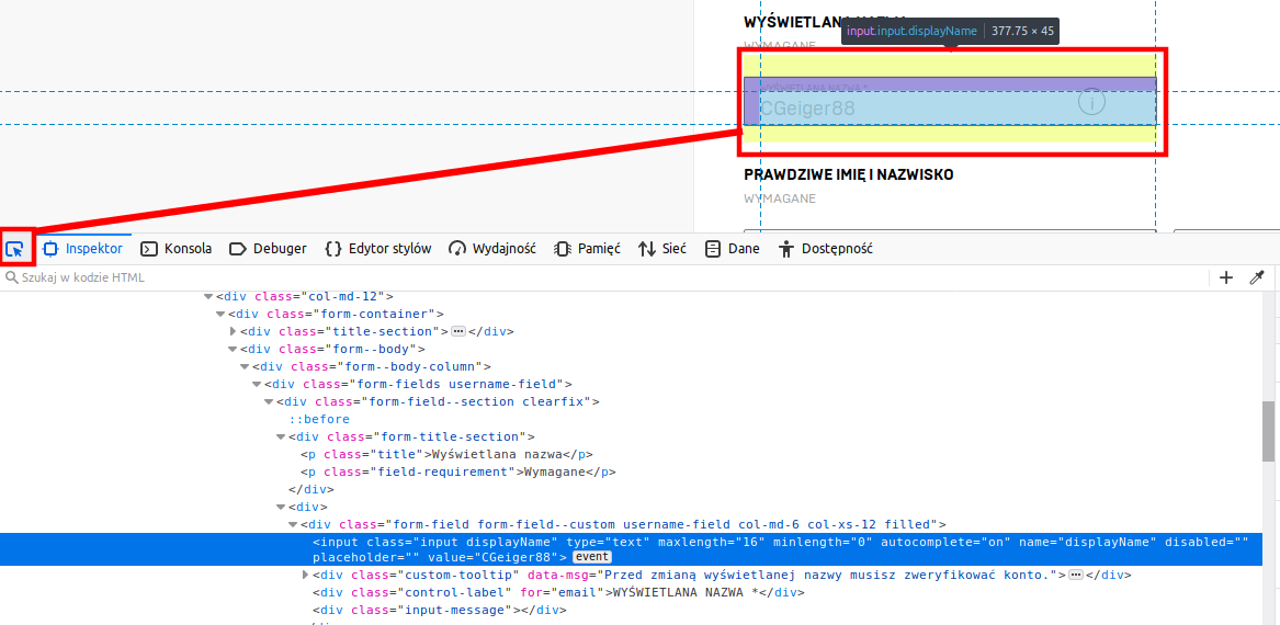 Zaznacz pole z nazwą użytkownika