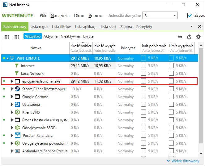 Znajdź proces epicgameslauncher.exe w NetLimiterze