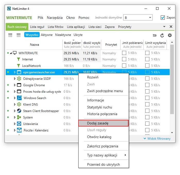 Dodaj zasadę w NetLimiter