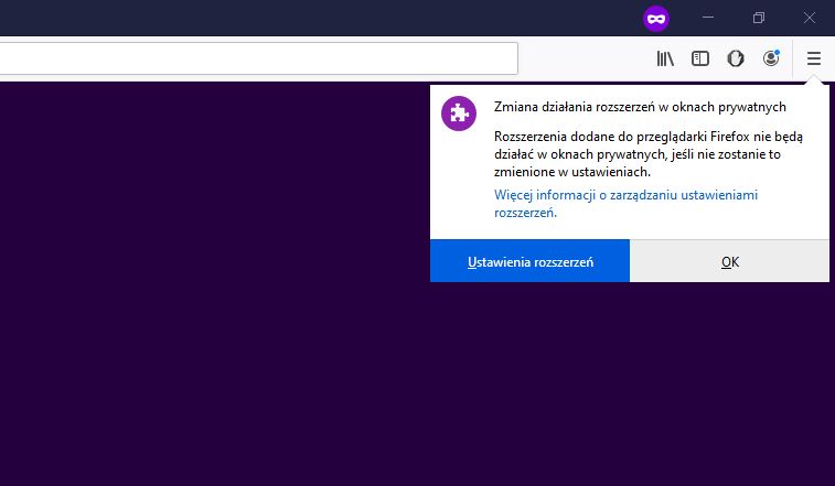 Komunikat o wyłączonych rozszerzeniach w trybie prywatnym Firefox