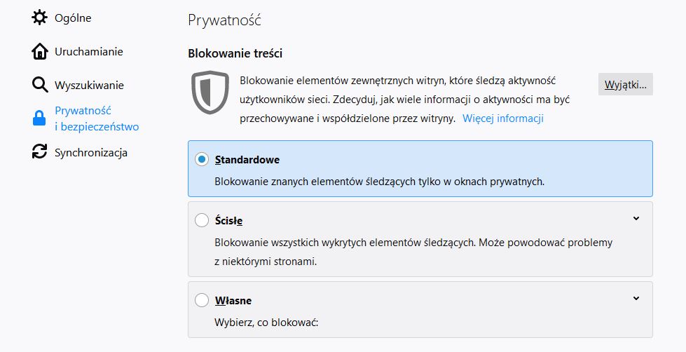 Wejdź do opcji blokowania treści w Firefox