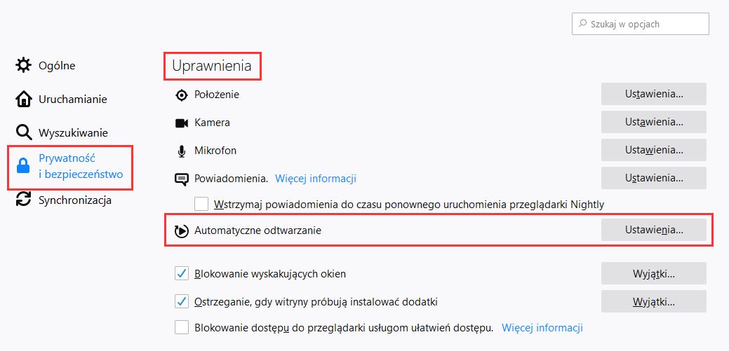 Wejdź do opcji automatycznego odtwarzania w Firefox